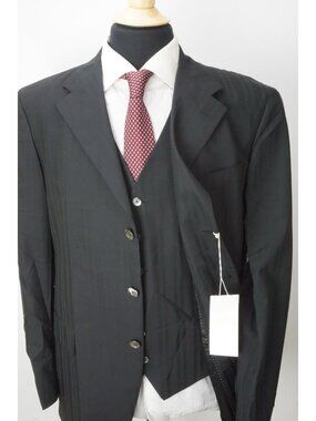 Tombolini Black Striped Wool 3 Pc Suit Jacket Pants Vest Sz 44R Brand New